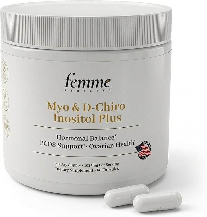 FemmeAthletes Myo Inositol & D Chiro Inositol 40:1 Ratio Capsules for Women – PCOS Supplement, Hormone & Cycle Support, Ovarian & Fertility Support – 1000mg Myo + 25mg Caronositol® – 60 Vegan Capsules
