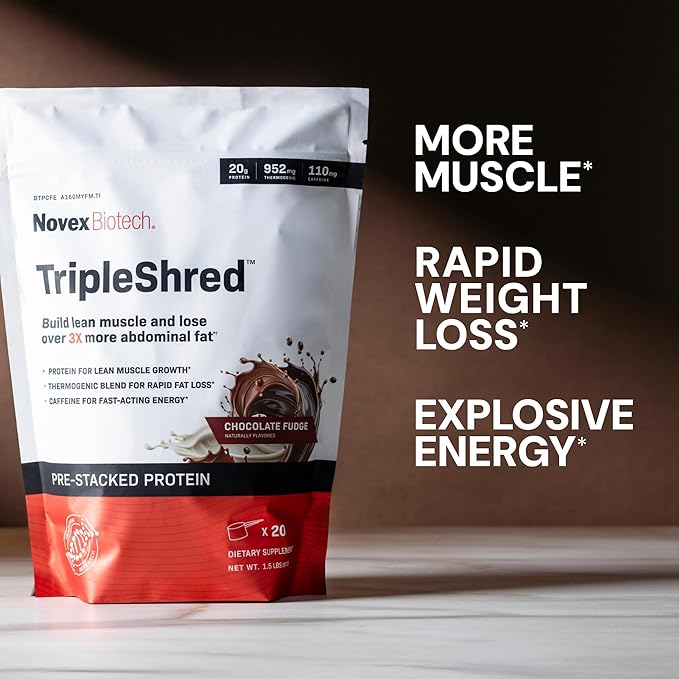 Novex Biotech TripleShred Protein - Pre-Stacked Protein - Increase Energy and Focus - Build Muscle - Chocolate Fudge, 20 svgs (Pack of 2)