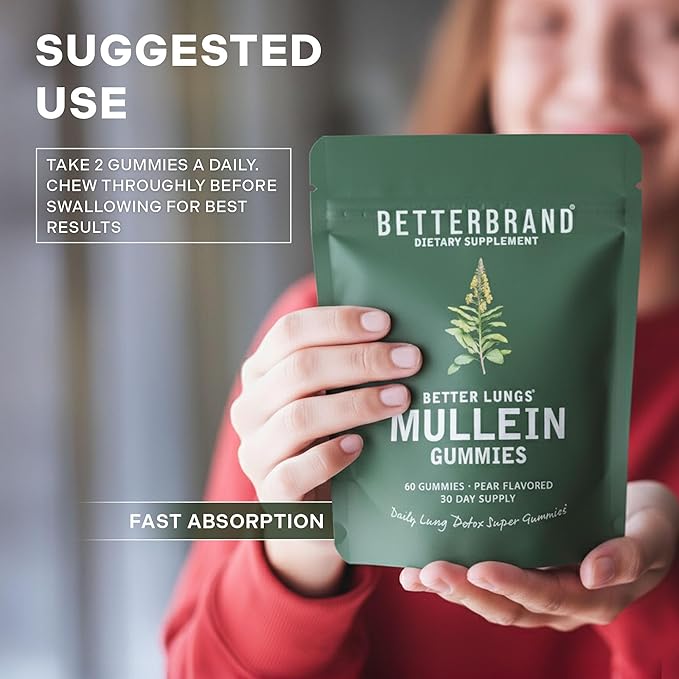 Betterbrand Mullein Chewable Gummies for Lung Cleanse and Detox, Respiratory Health Supplement, 1000mg Mullein Extract per Serving, 180 Gummies - 90 Day Supply - Pear Flavored