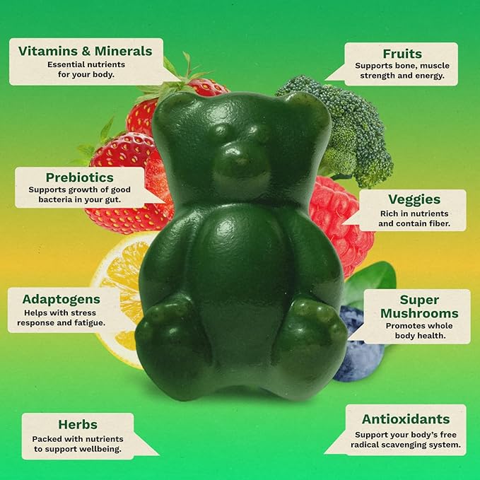 Gruns Sugar-Free Super Greens Gummies, Multivitamin Superfood Gummy Bears, Spirulina, Chlorella, Prebiotics & Fiber gummies for Digestive Health, Adaptogens Supplement, 20 Vitamins & Minerals, 10 pack