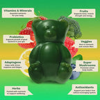 Gruns Sugar-Free Super Greens Gummies, Multivitamin Superfood Gummy Bears, Spirulina, Chlorella, Prebiotics & Fiber gummies for Digestive Health, Adaptogens Supplement, 20 Vitamins & Minerals, 10 pack