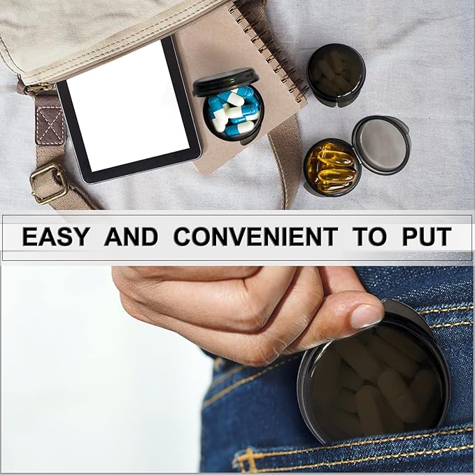 Pill Organizer for Pocket, Mini Pill Box for Pocket Purse, Portable Travel Pill Container, Small Secure Storage for Supplements & Daily Care (Black 6 PCS)