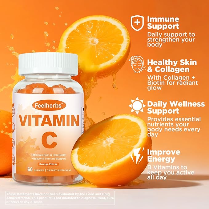 Chewable Vitamin C Gummies 240mg, Natural Orange Flavor Vitamin C for Adults Energy & Immune Support with Collagen, Glutathione, Zinc & Omega-3, 60 Counts