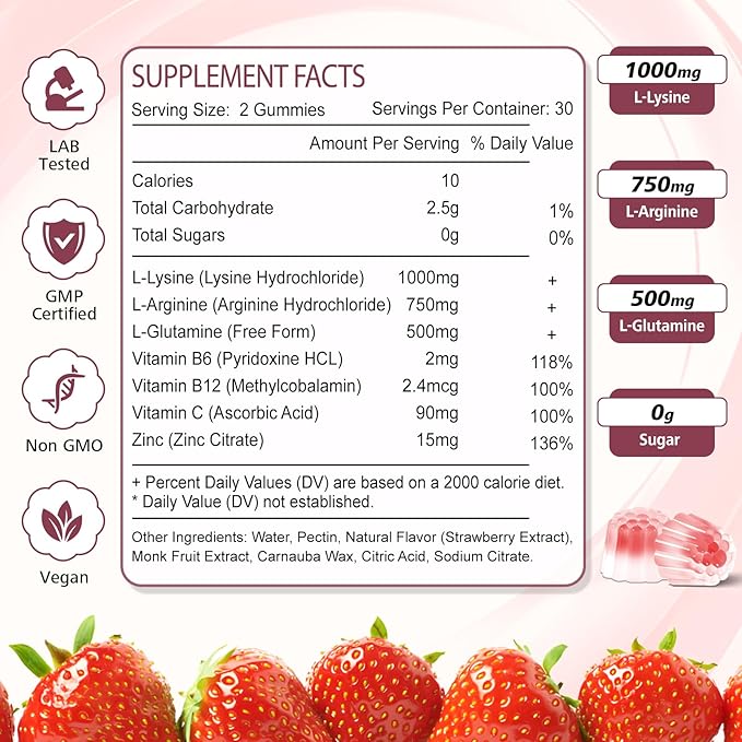 L-Lysine Gummies 1000mg, 7-in-1 Lysine Gummies for Adults & Kids, Essential Amino Acid with L-Arginine, L-Glutamine, Vitamin for Lip & Skin, Immune, Calcium Absorption, Strawberry Flavor, 60Ct