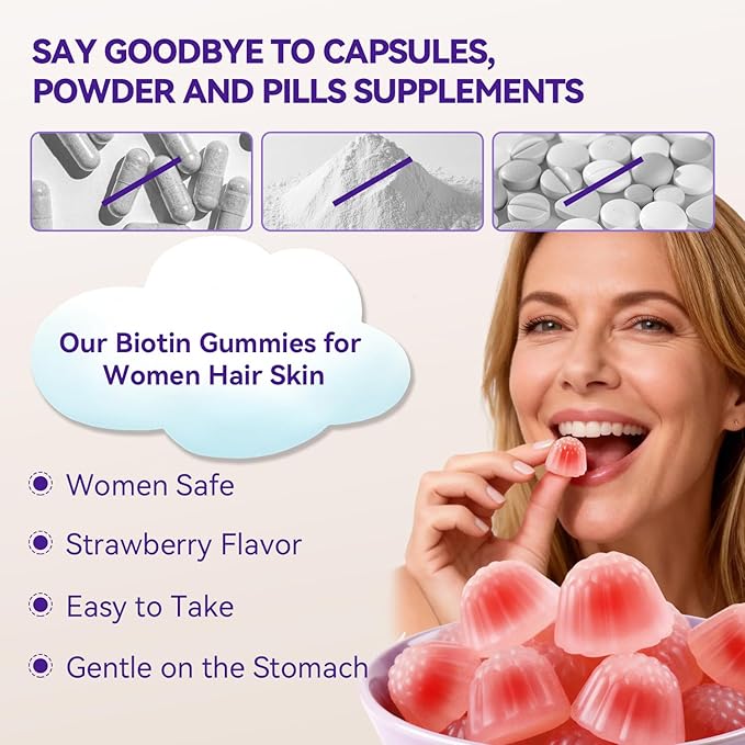 Hair Skin and Nails Gummies - Hair Growth Multivitamin Biotin Gummies with Collagen and Keratin for Women Vegan Sugar Free Strawberry Flavor 120 Count