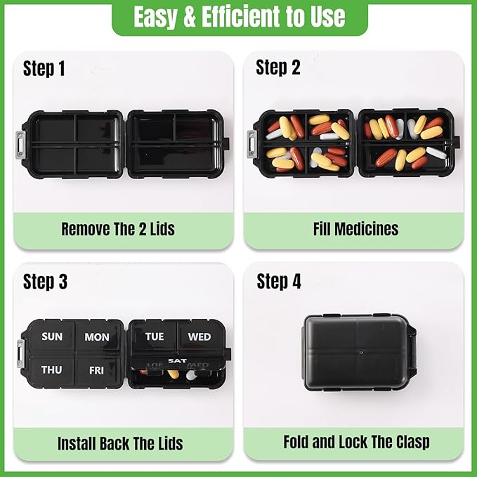 7 Day Compact Pill Organizer, Foldable Portable Travel Pill Box with Double Protection, Daily Small Pill Case Dispenser for Medication, Vitamins, Supplements (Black)
