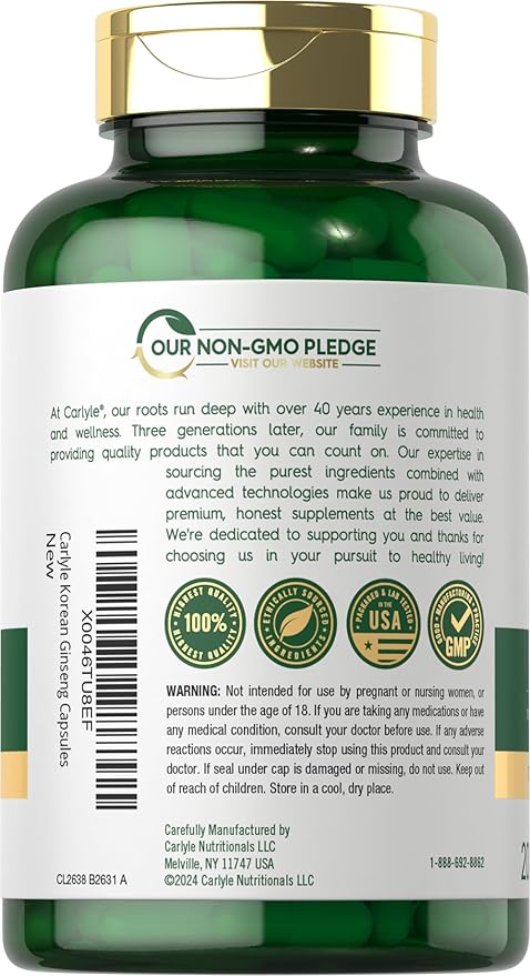 Carlyle Korean Ginseng Capsules | 2000mg Extract | 200 Count | Non-GMO and Gluten Free Formula | Standardized Panax Ginseng Supplement