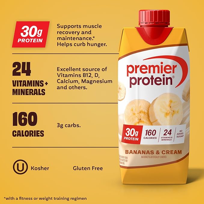 Premier Protein Shake, Bananas & Cream, 30g Protein, No Added Sugar, 24 Vitamins & Minerals to Support Immune Health, 11 fl oz, 4 Pack (Packaging May Vary)