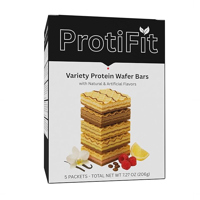 PROTIFIT - High Protein Wafer Bar, 15g Protein, Low Calorie, Low Carb, Low Fat, Trans Fat Free, Cholesterol Free, Ideal Protein Compatible, 5 Servings Per Box (Variety)