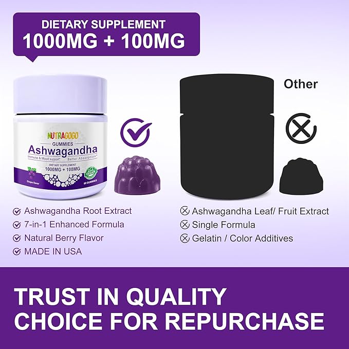 Ashwagandha Gummies & Vitamin D3 Gummies Organic Aswangdha Supplement for Improve Sleep, Stress Relief & Mood Calm (Grape Berry,Non-GMO, Gluten-Free & Sugar Free)-1 Pack