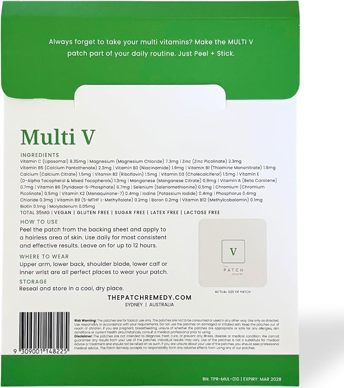 The Patch Remedy Multi V Patches - Vitamin Plus Blend with D3, K2, Magnesium Chloride, Zinc, Liposomal C, Potassium, Iodide, Biotin Plus More
