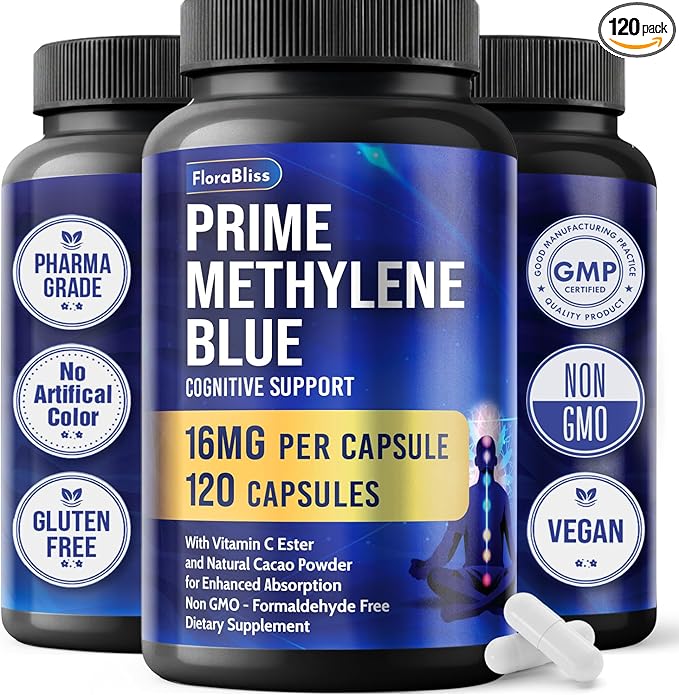 FloraBliss 120 Methylene Blue Capsules (16 mg per Capsule) - Formulated with Natural Cacao (250 mg) and Vitamin C Ester (35 mg) for Added Support, 120-Day Supply | Vegan, Non-GMO, Gluten-Free