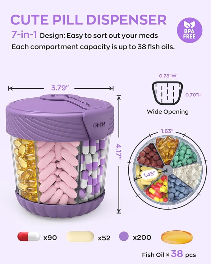 HIONXMGA Cute Pill Dispenser with 7 Large Compartments, Portable Pill Bottle Organizer with Wide Opening for Travel, Anti-Mixing Pill Container, Shatterproof BPA-Free, Includes 20 Pcs Labels, Purple