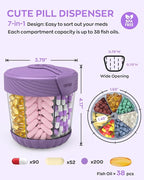 HIONXMGA Cute Pill Dispenser with 7 Large Compartments, Portable Pill Bottle Organizer with Wide Opening for Travel, Anti-Mixing Pill Container, Shatterproof BPA-Free, Includes 20 Pcs Labels, Purple