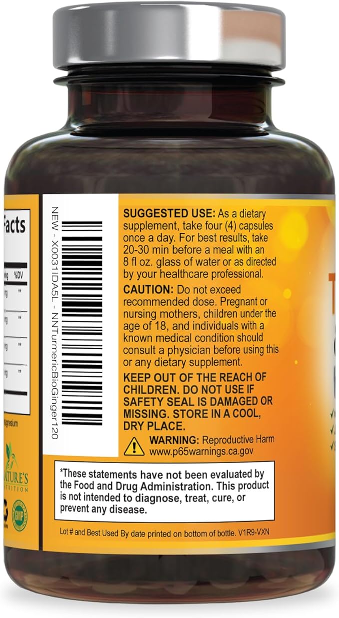 Turmeric Curcumin Supplement - 2000mg Organic Turmeric Per Serving - 95% Curcuminoids, Ginger & BioPerine Black Pepper for Best Absorption - Natural Vegan Joint Support, Bottled in USA - 120 Capsules
