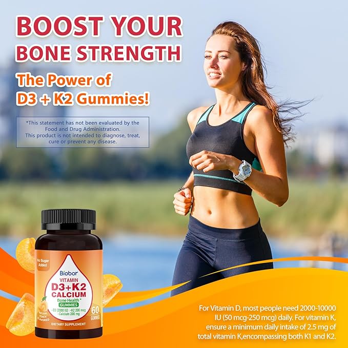 Vitamin D3 K2 Gummies with Calcium, 2000 IU D3 & 200 mcg K2 & 200 mg Calcium, Sugar Free Vitamins Supplement Supports Healthy Bone, 120 Count