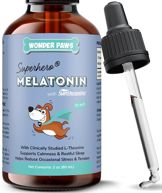 Wonder Paws Melatonin for Dogs – Pet Melatonin with L-Theanine (Suntheanine®) –Occasional Anxiety Relief for Dogs, Stress, Calming, Relaxation & Sleep Support – Liquid Dog Melatonin 2oz (60ml)