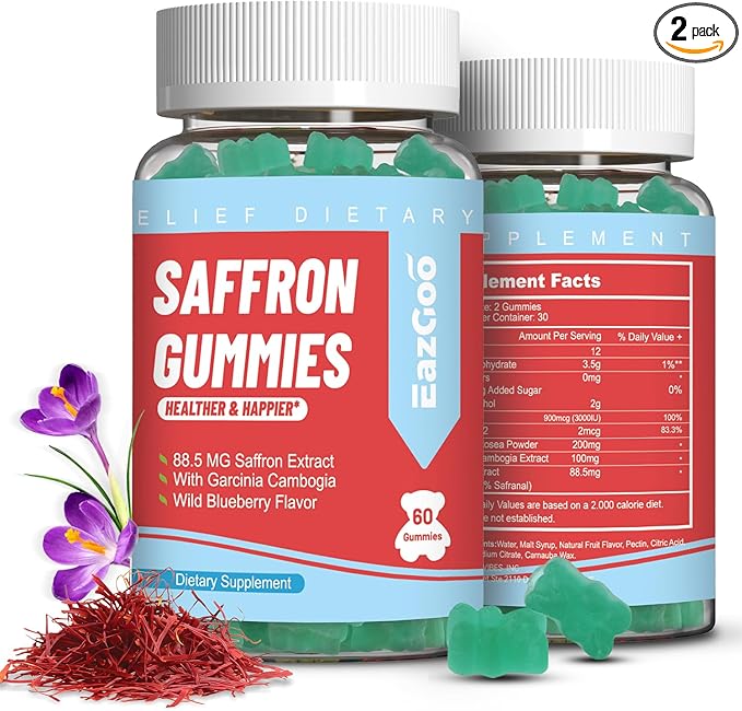 Saffron Supplements Gummies, Saffron Extract for Positive Mood & Calm Nerve, Boost Energy, with Garcinia Cambogia, Vitamin A, B12, Rhodiola Rosea - 120 Gummies