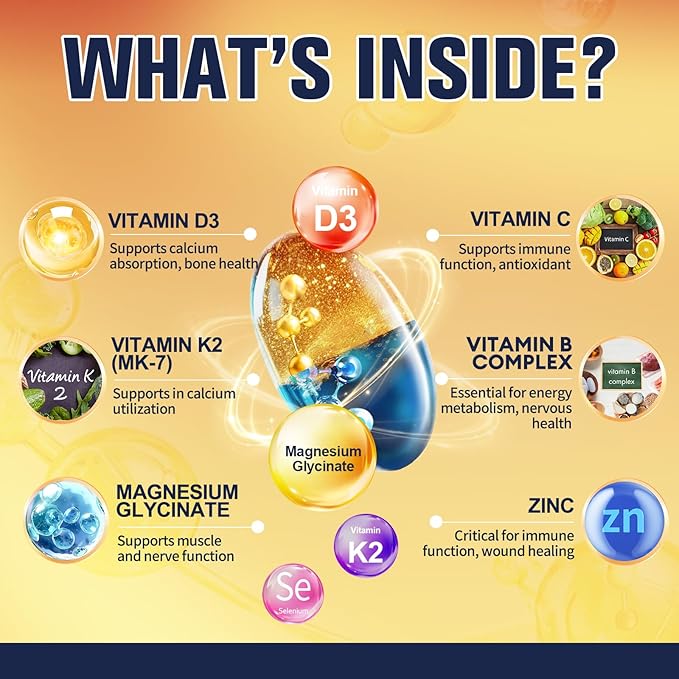 9-in-1 Magnesium Glycinate 500mg + Vitamin D3 5000 IU & K2 Complex - High Absorption - Healthy Stress, Sleep, Muscle Function, Bone Health & Energy Supports | Non-GMO, Gluten-Free 120 Softgels