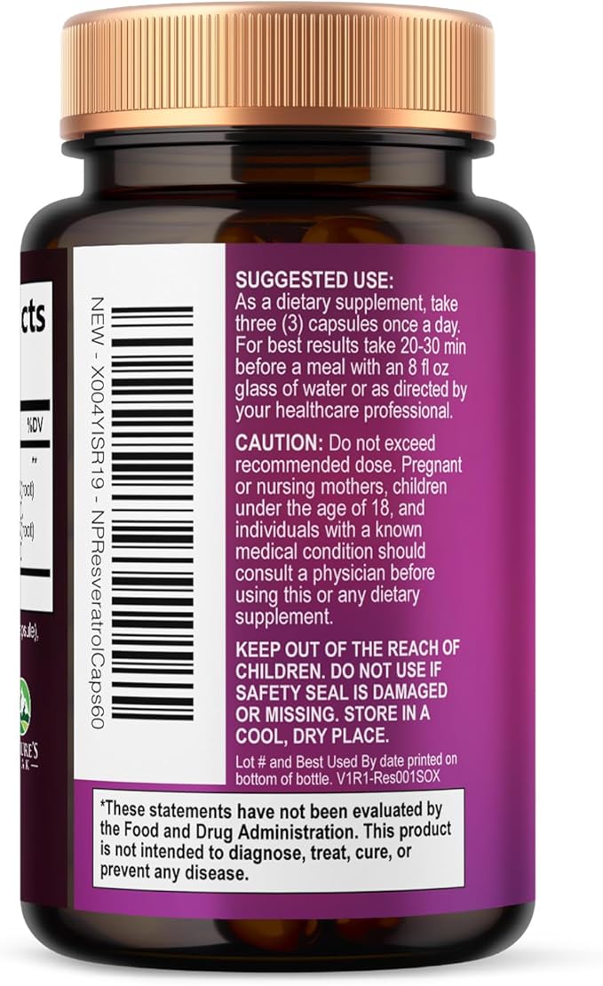100% Natural Resveratrol 1800mg - 3X Strength Trans-Resveratrol Pills for Heart Health, Best Resveratrol Supplements, Potent Polyphenols Antioxidant Complex, Non-GMO, Bottled in USA - 60 Capsules