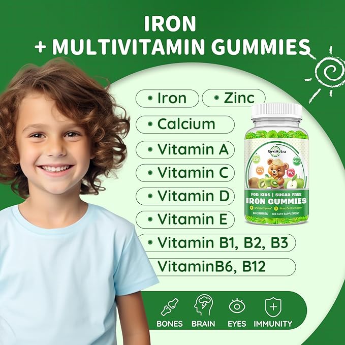 Iron Supplement Gummies for Kids - with Calcium, Zinc, Kids Multivitamin with Iron Gummies - Immune Support, Blood Builder & Energy Support for Iron Deficiency, Anemia, Apple & Kiwi Flavor, 60 Count
