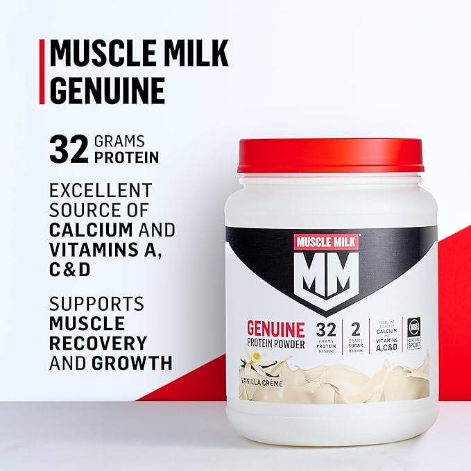 Muscle Milk Genuine Protein Powder, Banana Crème, 1.93 Pounds, 13 Servings, 32g Protein, 4g Sugar, Calcium, Vitamins A, C & D, NSF Certified for Sport, Energizing Snack, Packaging May Vary