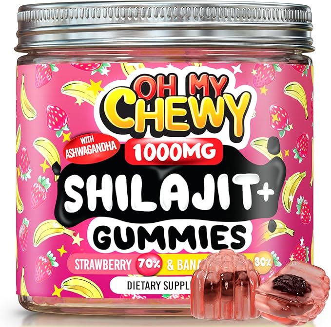 OH MY CHEWY Pure Himalayan Shilajit Gummies - High Potency Gold Grade Resin - Energy Boost and Immune Support for Men and Women with Ashwagandha and Shatavari - 60 Gummy - Strawberry & Banana