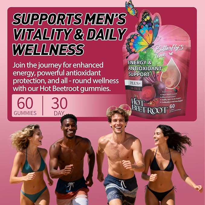 BUTTERFLY'S TEAR Organic Spicy Beet Root Gummies, Supports Heart & Blood Vessel Health, Promoting Nitric Oxide, Vitamin D3+K2+E, Extracts of Grape Seed, Hawthorn, Berberine and Other, Sugar Free