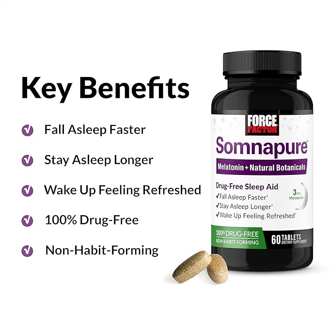 Force Factor Somnapure Drug-Free Sleep Aid for Adults for Occasional Sleeplessness with Melatonin & Valerian, Non-Habit-Forming Sleeping Pills, Wake Up Refreshed, 60 Tablets (Pack of 2)