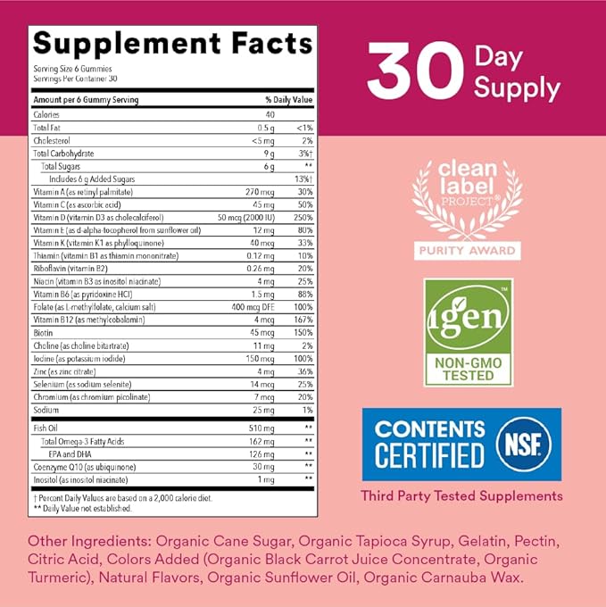SmartyPants Women's Multivitamin Gummies: Omega 3 Fish Oil (EPA/DHA), Methylfolate, CoQ10, Vitamin D3, C, Vitamin B12, B6, A, K & Zinc, Inositol, Gluten Free, 180 Count (30 Day Supply)