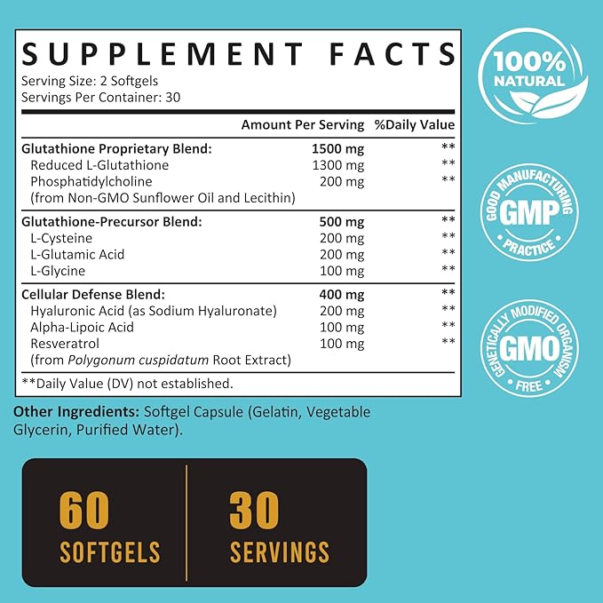2400 MG Liposomal Glutathione Softgels, Max Absorption, Active Form L-Glutathione Reduced (GSH), with Hyaluronic Acid, Resveratrol, Master Antioxidants for Brain, Immune System, 120 Softgels