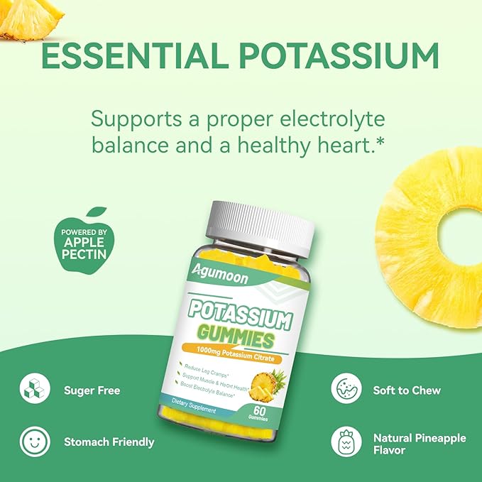 Potassium Gummies 1000mg, Potassium Citrate Gummies for Adults Women & Men, Chewable Potassium Supplement Support Leg Cramps & Muscle Health - Sugar Free, Vegan,60 Count