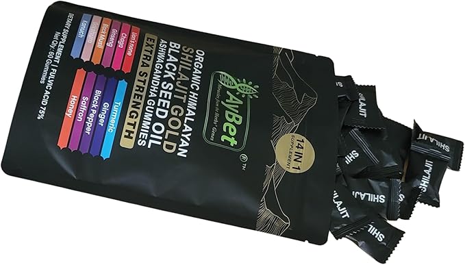 Organic Himalayan Shilajit Gold Gummies for Men and Women, Black Seed Oil, Ashwagandha, Ginseng, Turmeric, Gokshura, Lion's None, Lab Tested,%75 Fulvic Acid, No Sugar Added, Halal, 60Gummy