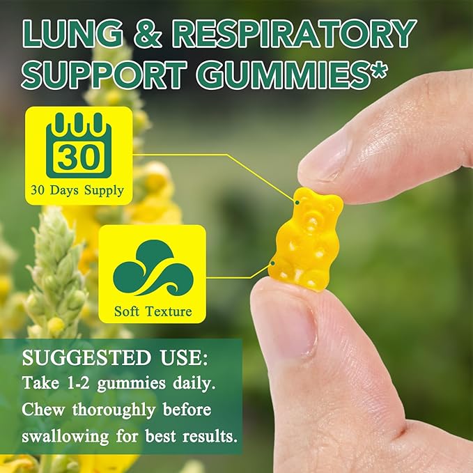 NIFEISHI Mullein Gummies for Lungs, 2000mg Mullein Leaf Extract for Respiratory & Digestive & Immune Support, Natural Herbal Supplement, Pear Flavor Gummies 60 Gummies