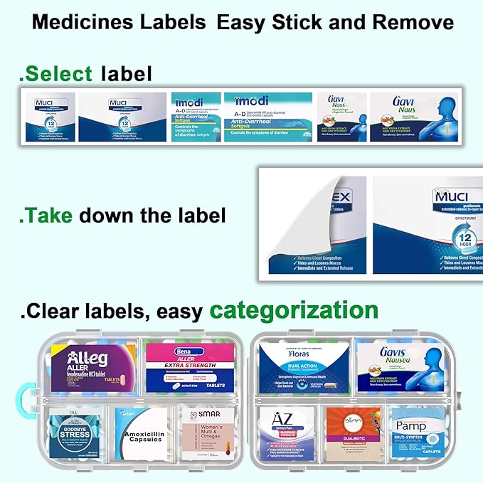 Pill Organizer Travel Medicine Case - Daily Pill Organizer with 144 Labels, Portable Travel Essentials for Medication