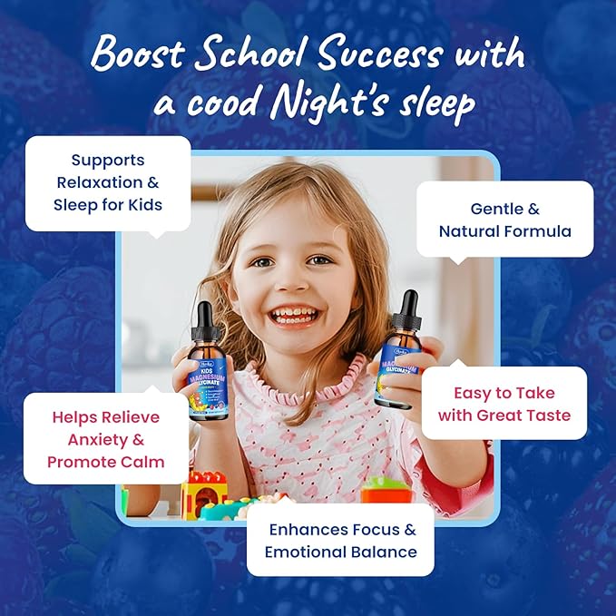 2 Pack Magnesium Glycinate Liquid for Kids - Magnesium Glycinate Drops with L-Theanine Omega-3, Vitamin B6, D3, Zinc - Support Sleep, Relaxation, Calm & Focus - Mixed Berry Flavor