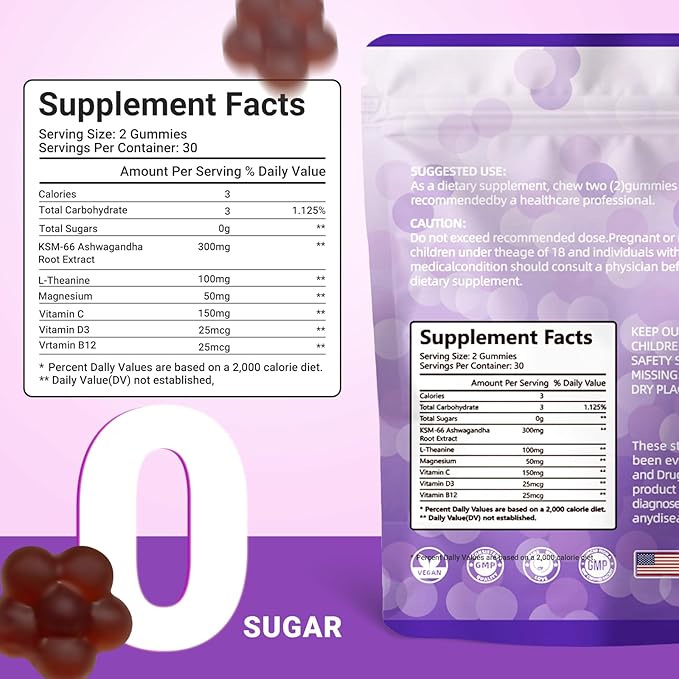 Ashwagandha Gummies & Vitamin D Gummy for Men & Women Tropical Flavor Vegan, Non-GMO, & Gluten Free Supplement 60 Count （ Individually Wrapped）