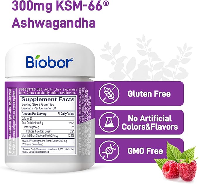 Biobor Ashwagandha Gummies, KSM-66 Ashwagandha Root Extract with Vitamin D3, Relaxation Support & Immune Support for Adults - GMO Free, Gluten Free
