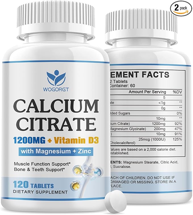 Calcium Citrate 1200mg Supplement with Vitamin D3 for Women and Men - Calcium Magnesium Zinc D3 Supplement for Bone, Teeth, Immune Support, Vegan-Friendly - 120 Tablets (2 Pack)