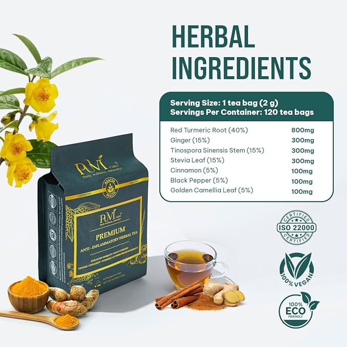 Anti Inflammatory Tea – Black Pepper Turmeric Ginger Cinnamon Tea Bags for Joint Support, Digestion & Immune Wellness, 100% Organic & No Sugar, No Caffeine Natural Anti Inflammatory Herbal Tea 60 Bags
