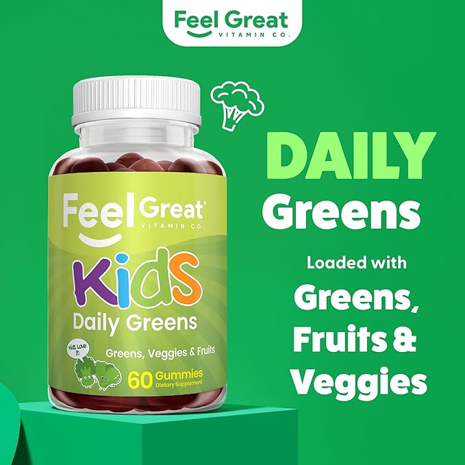 Feel Great Super Green Gummies for Kids (2 Pack) | Fruit and Vegetable Gummies | Vegan Veggie Gummy Multivitamin for Kids | Veggie Fiber Supplement | 60 Count