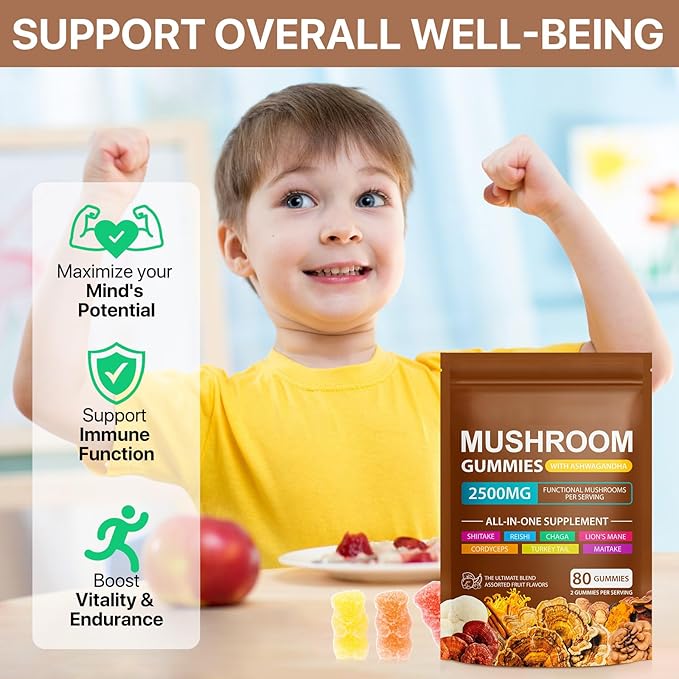 Mushroom Gummies for Adults,10x Mushroom Supplement,Energy, Focus, Mood & Cognitive Support,Vegan, Immune, Brain Support & Chill Mushroom Complex Gummy,80 Gummies