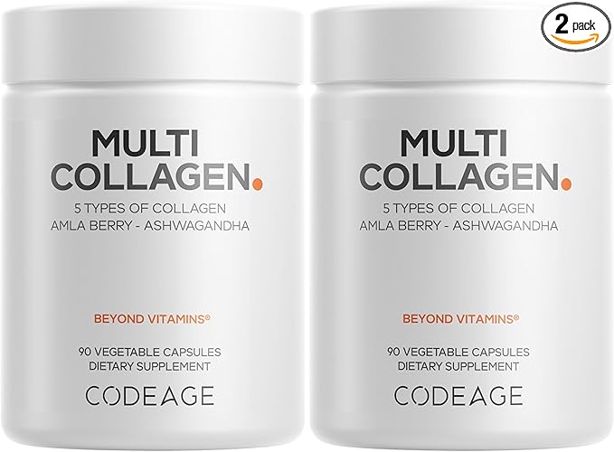Codeage Multi Collagen Capsules – 5 Collagen Types I, II, III, V & X – Hydrolyzed Grass-Fed Bovine Protein with Ashwagandha, Amla, and Vitamins - 2-Pack