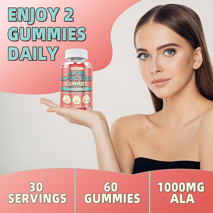 Alpha Lipoic Acid Gummies 1000 MG, High Potency Chewable ALA Supplement with Glutathione, CoQ10, Vitamin B Complex for Antioxidant, Cognitive, Nerve* Support, Sugar-Free, Raspberry Flavor, 60 Counts
