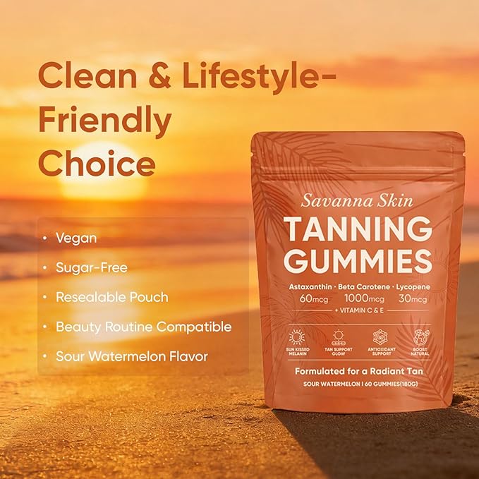 Savanna Skin Tanning Gummies, Astaxanthin, Beta Carotene & Lycopene Blend with Vitamins C & E, Radiant Healthy Skin, Sour Watermelon Flavor, Vegan & Sugar-Free, 60 Count
