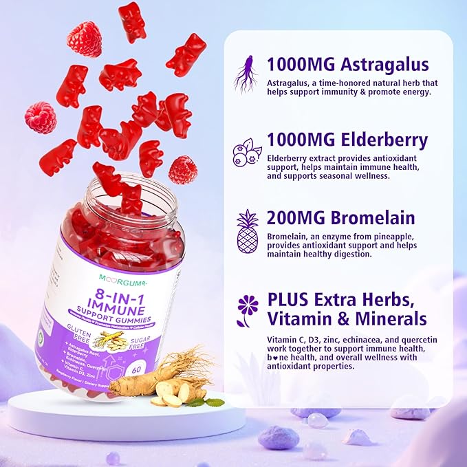 Immune Support Gummies – 8-in-1 Formula Herbal Supplements with Astragalus, Elderberry, Quercetin, Bromelain, Echinacea, Vitamin C, D3 and Zinc for Everyday Balance, Raspberry Flavor, 60 Count