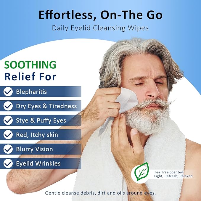 60PCs Eyelid & Lash Wipes with Hyaluronic Acid, Tea Tree Oil Eye Cleaser For Blepharitis, Itchy & Stye Eyes, Pre-Moistened Eyelid Wipes for Dry Eyes Relief, Daily Care Cleanser for Sensitive Eye