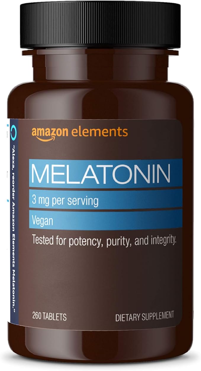 Amazon Elements Melatonin, 3mg, Vegan, Unflavored, 260 Tablets, 8 Month Supply (Packaging may vary)