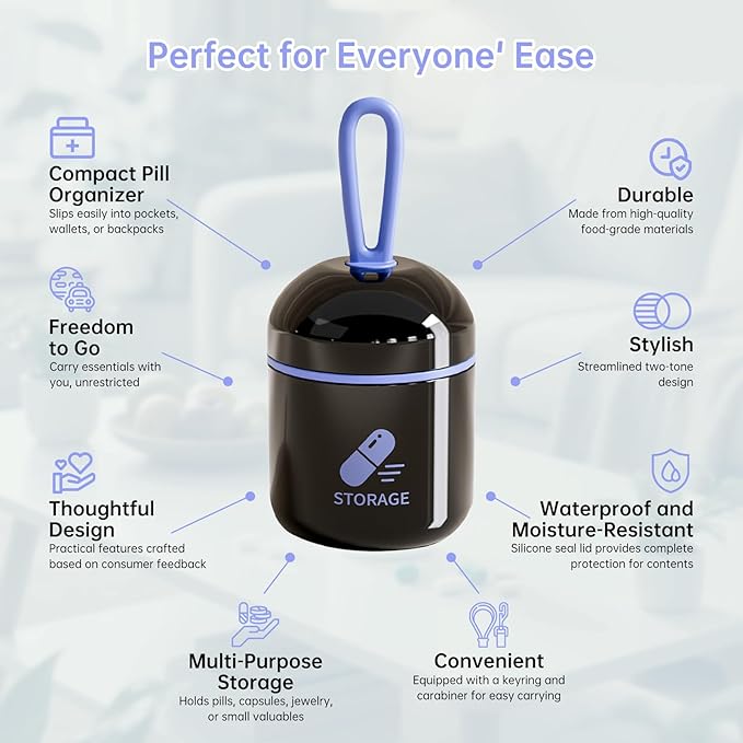Keychain Pill Holder, Small Pill Box Case Container Organizer for Purse, Pocket Pill Case for Men, Silicone Seal Moisture Proof Mini Pill Bottle for Outdoor Camping Travel Jewelry (Black)
