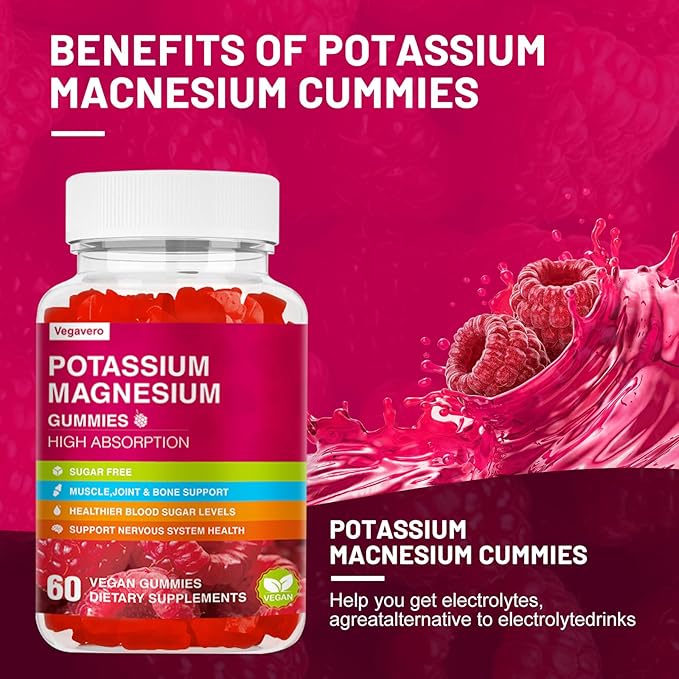 Potassium Magnesium Gummies - Magnesium Glycinate B6,D3 & Potassium Citrate for Leg Cramps,Muscle,Electroyte for Adults Kids,Sugar-Free - 60 Raspberry Gummies